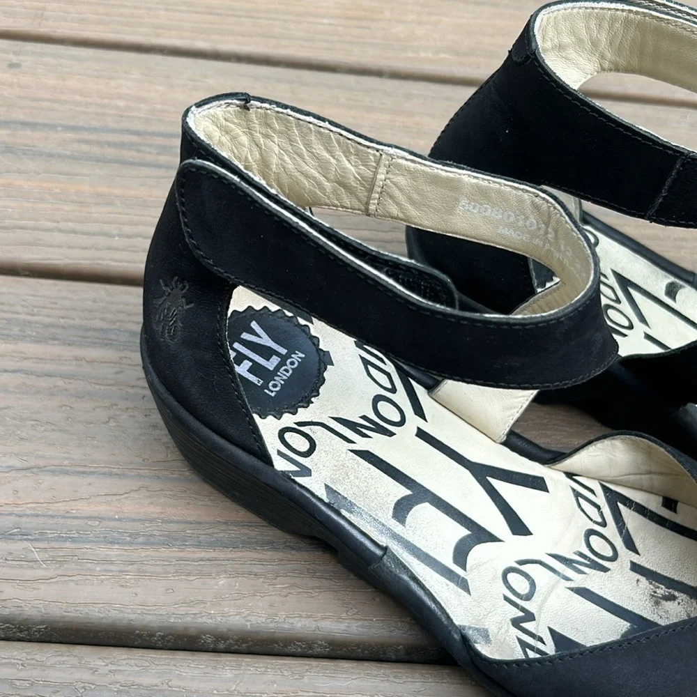 Fly London Black Wedge Sandals